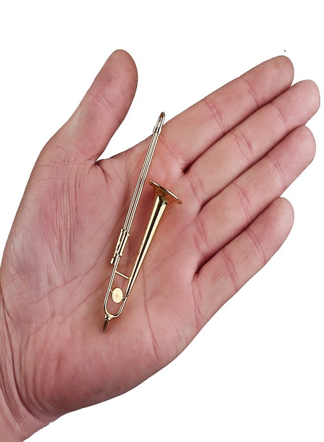 Dselvgvu Miniature Trombone with Stand and Case Brass Mini Musical Instrument Trombone Replica Collectible Figurines Dollhouse Accessories Model Home Decoration Display Ornament (3.46"x0.75") - Image 2